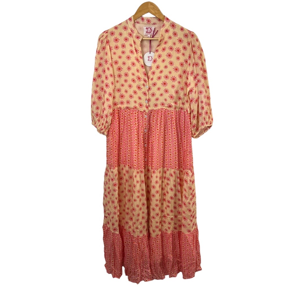 Victoria Dunn Dress Small Flounce Midi Dress Floral Boho Tiered Maxi 3/4 Slv NWT